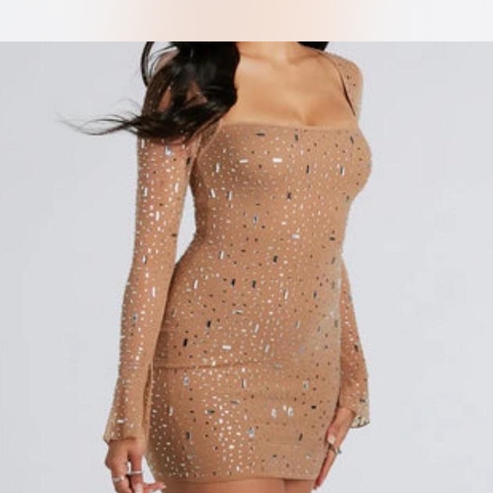 Windsor Dazzling Glam Long Sleeve Rhinestone Mesh Mini Dress